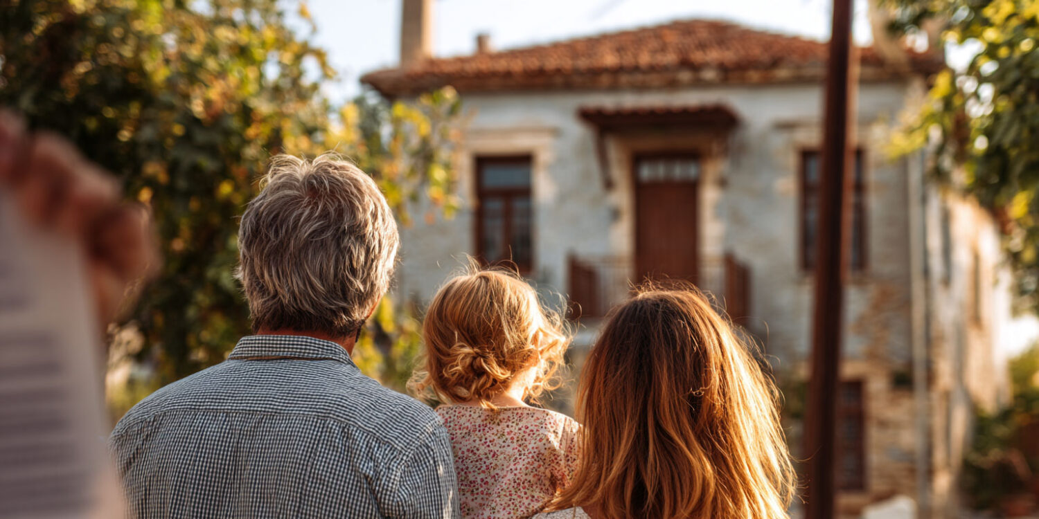 Eine Familie steht vor dem geerbten Haus in Griechenland