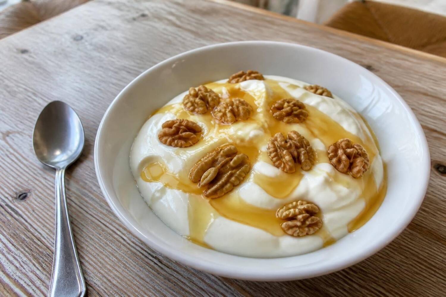 Schale mit griechischem Joghurt, Honig und Walnüssen auf einem Holztisch