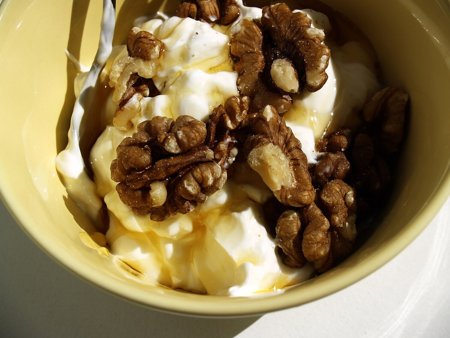 Griechischer Joghurt mit Honig und Walnüssen in einer Schale