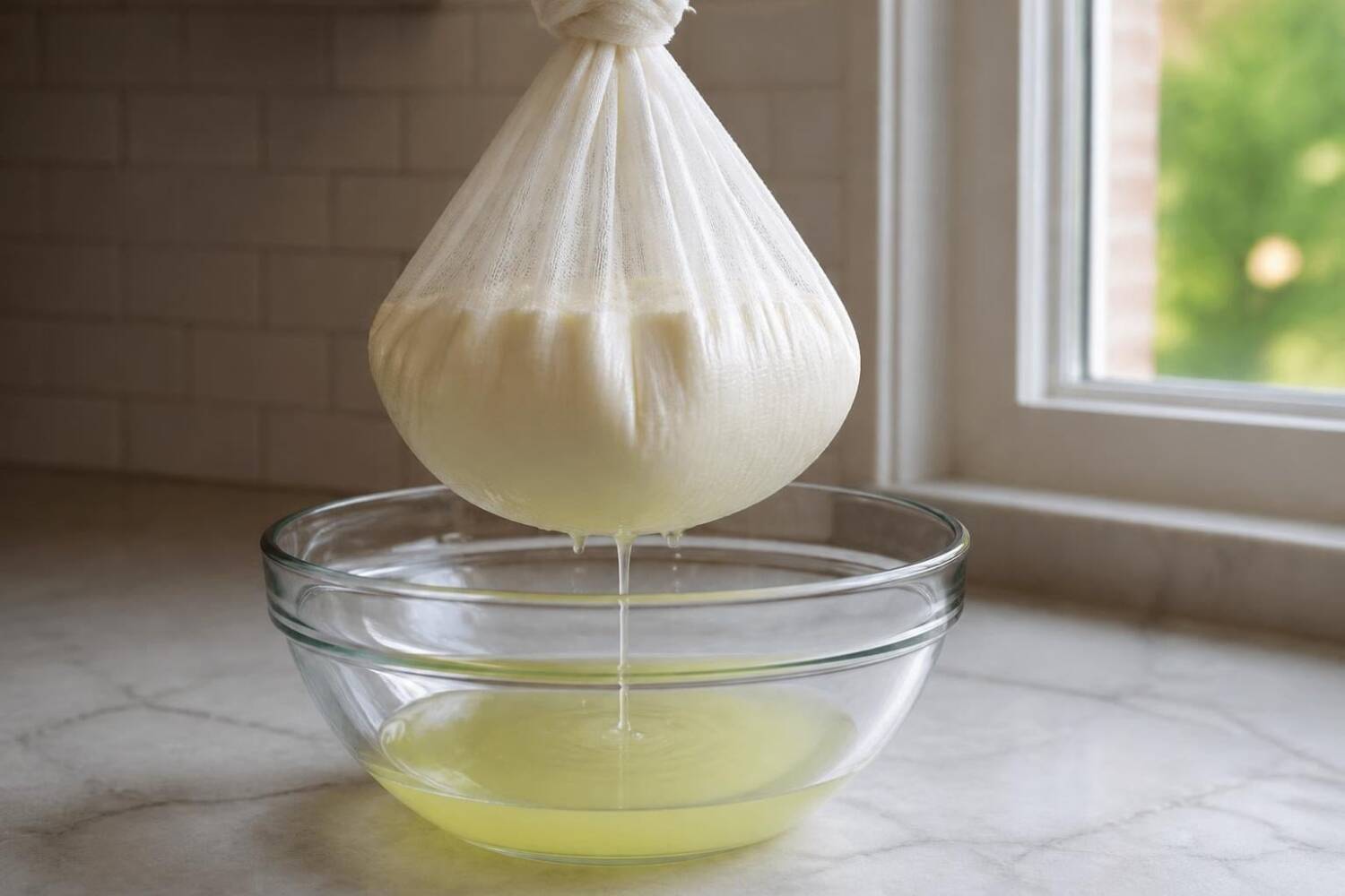 Joghurt tropft in einem Baumwolltuch über einer Glasschüssel ab, darunter die abgelaufene Molke