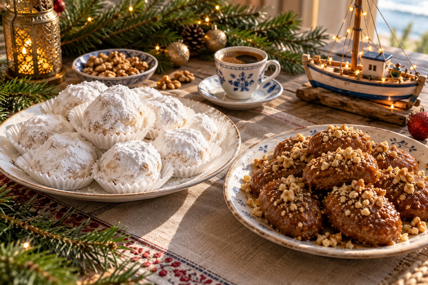 Griechischer Weihnachtstisch mit Kourabiedes, Melomakarona, griechischem Kaffee und einem beleuchteten Holzschiffchen