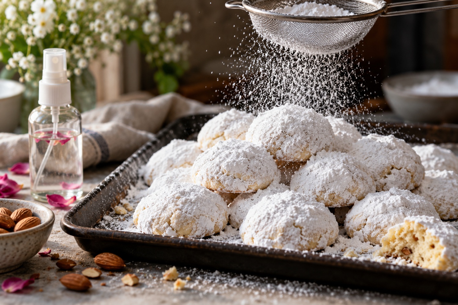 Kourabiedes werden durch ein Sieb mit Puderzucker bestäubt, daneben Rosenwasser und Mandeln