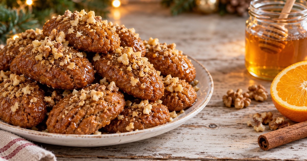 Melomakarona mit Walnüssen, Honig, Orange und Zimt auf einem Holztisch