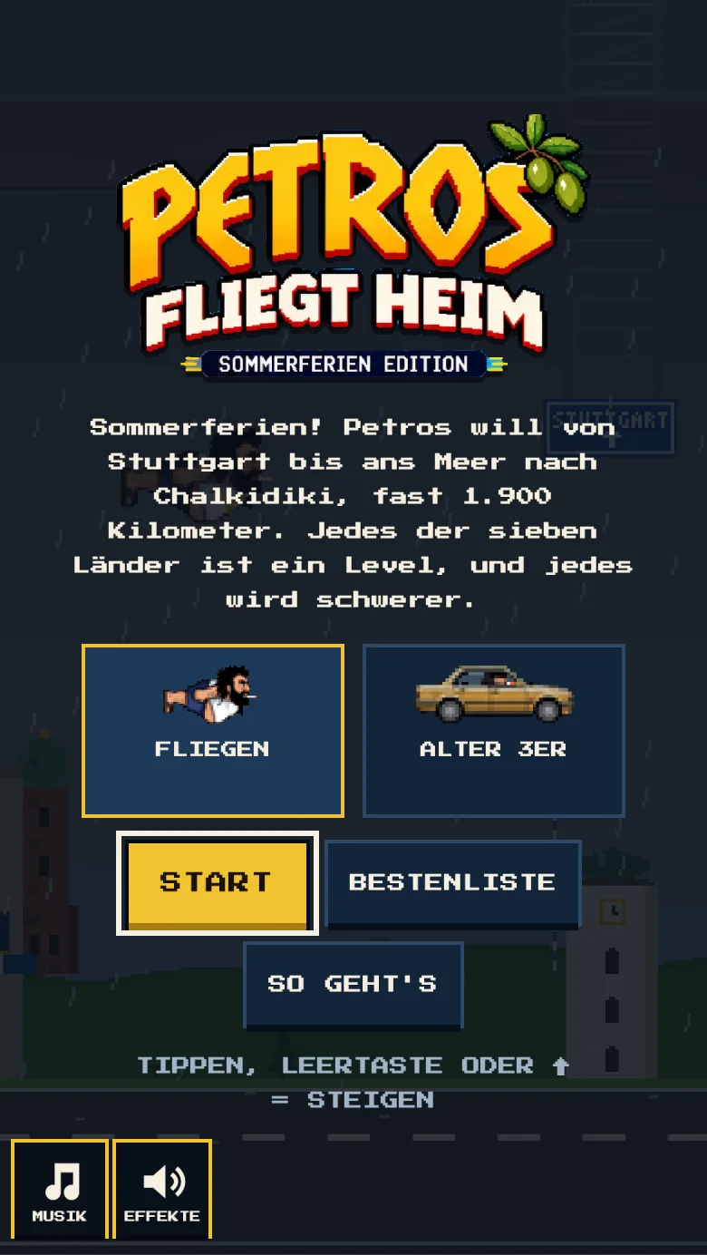 Startmenü von Petros fliegt heim mit der Auswahl Fliegen oder Alter 3er und den Knöpfen Start, Bestenliste und So geht's