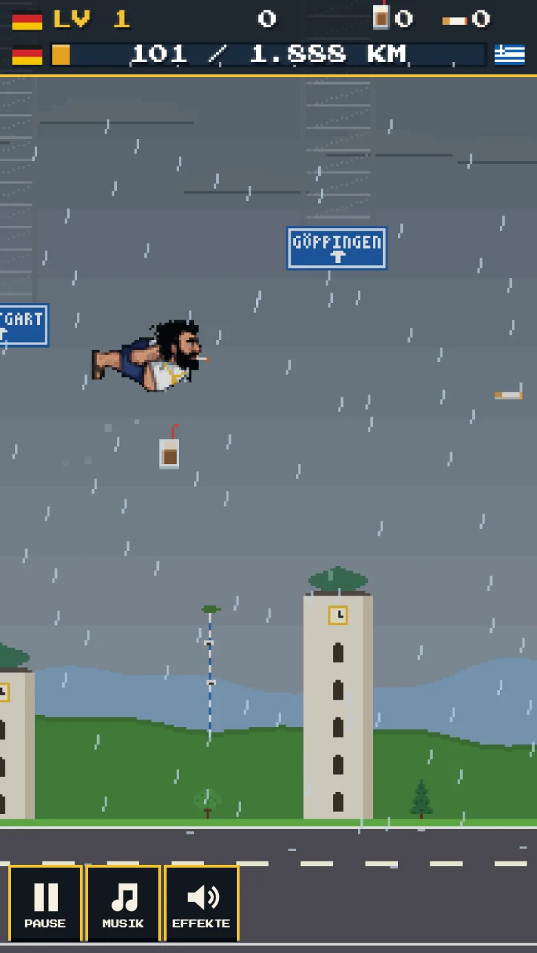 Erstes Level von Petros fliegt heim: Petros fliegt im Regen über Stuttgart, oben die Kilometeranzeige und das Ortsschild Göppingen