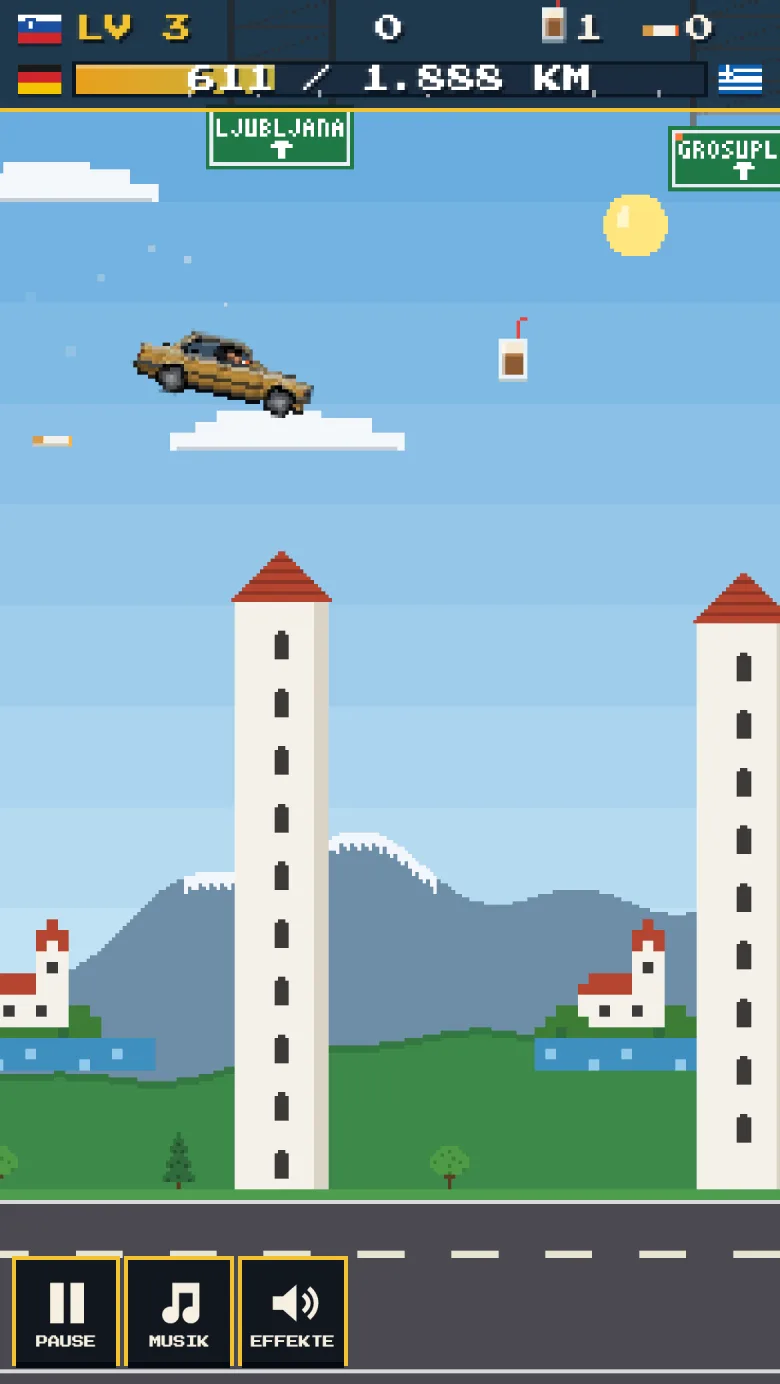 Petros fliegt heim im Modus alter 3er: ein goldenes Auto fliegt über Slowenien, oben das Ortsschild Ljubljana