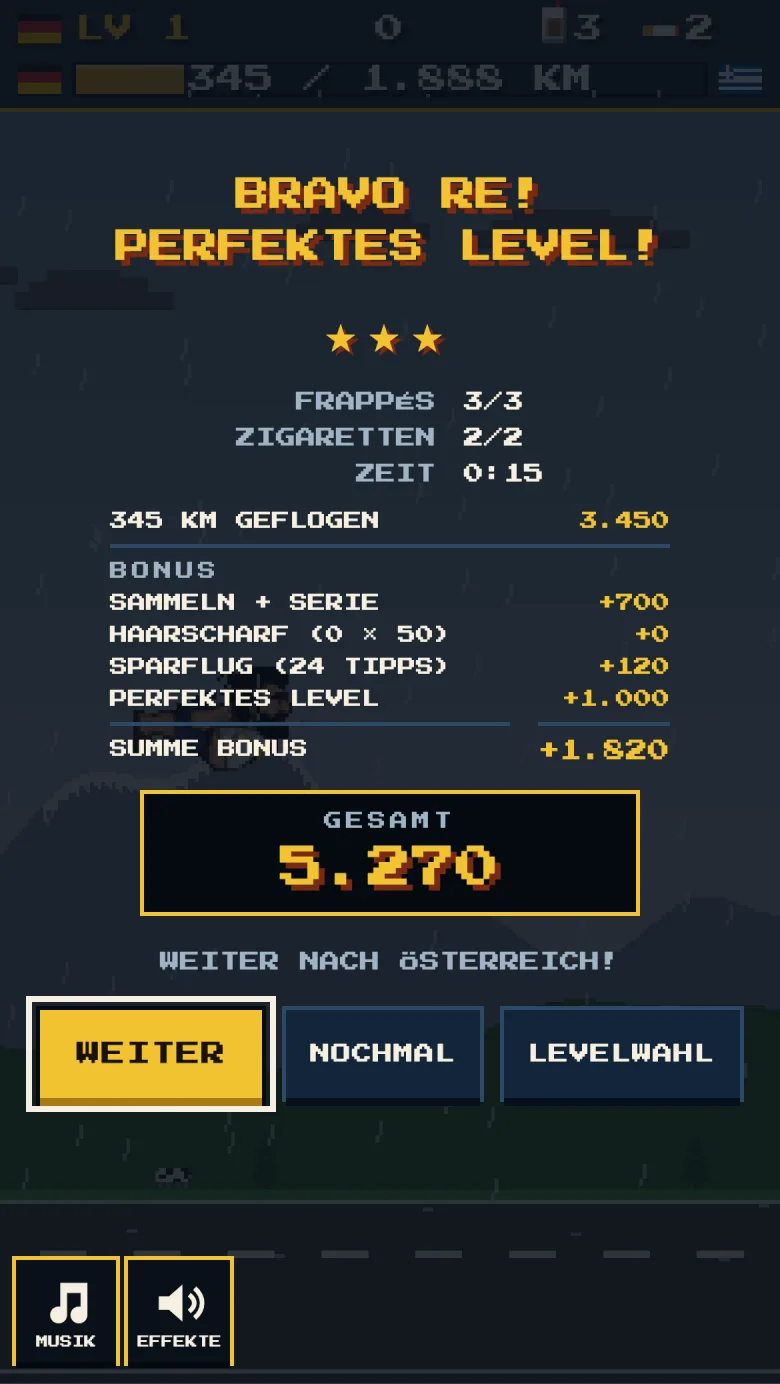 Abrechnung nach Level 1 von Petros fliegt heim: Bravo re, perfektes Level, drei Sterne und 5.270 Punkte gesamt
