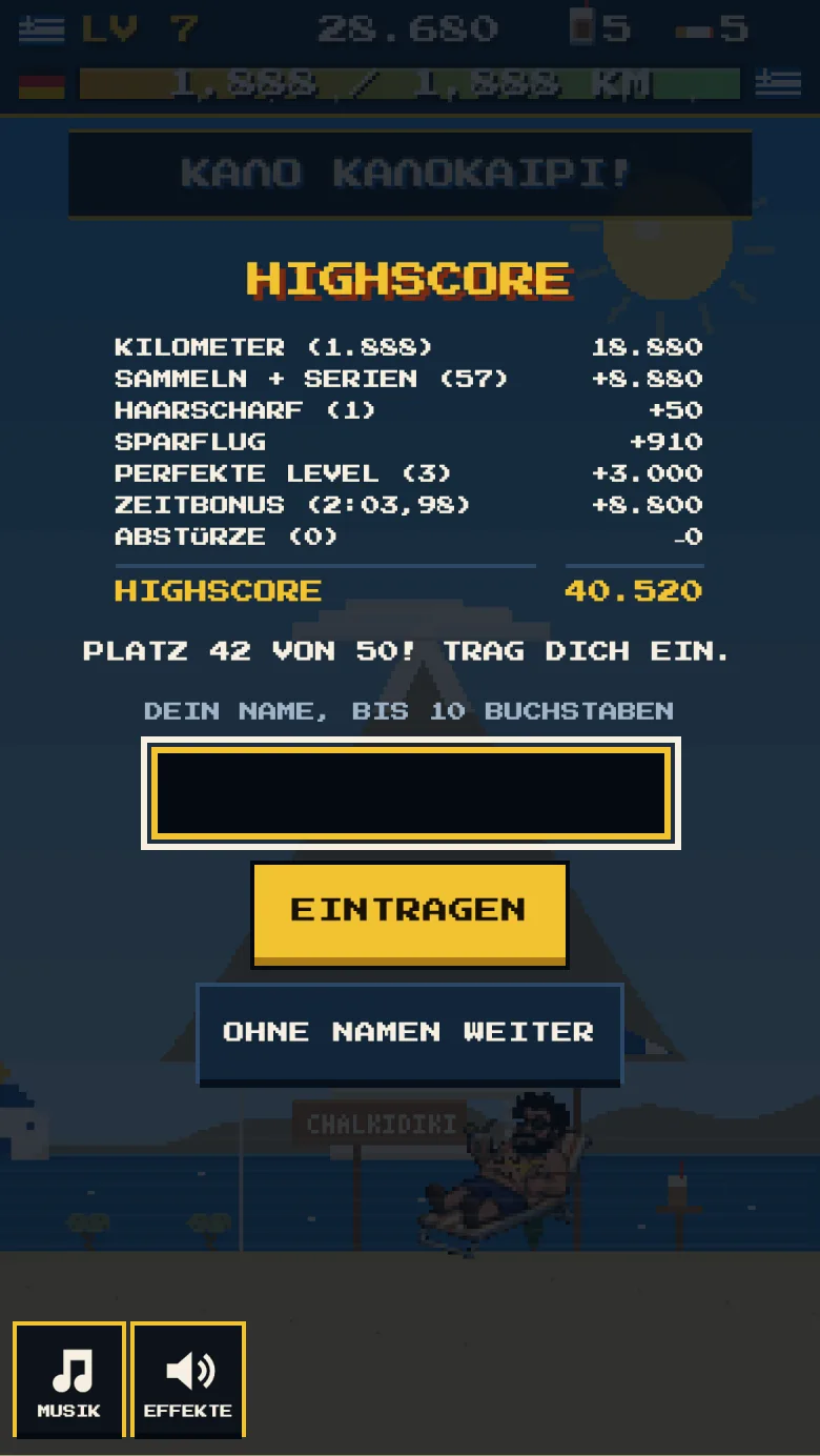 Ziel von Petros fliegt heim: Highscore-Abrechnung mit 40.520 Punkten, Eingabefeld für den Namen, im Hintergrund Petros auf der Liege am Strand von Chalkidiki