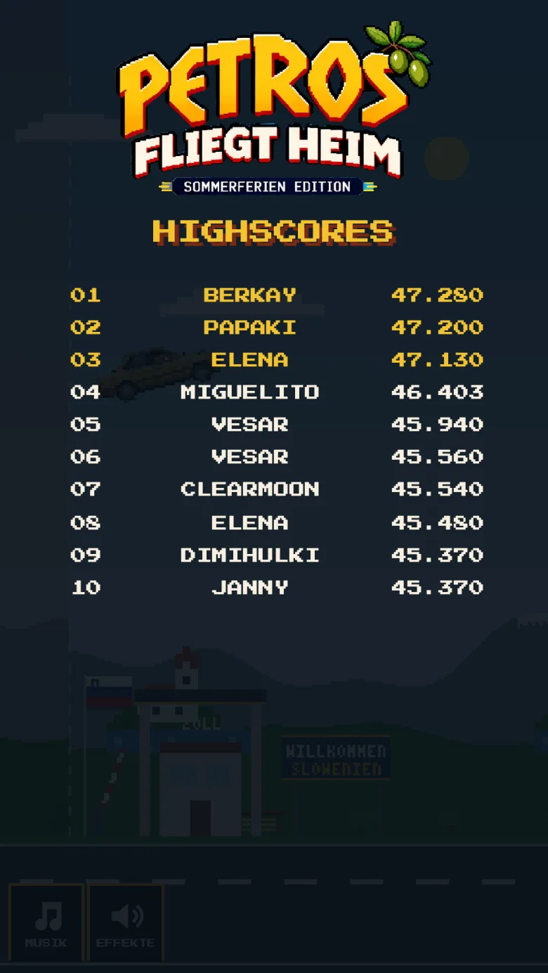 Bestenliste von Petros fliegt heim mit den zehn besten Spielern, an der Spitze BERKAY mit 47.280 Punkten