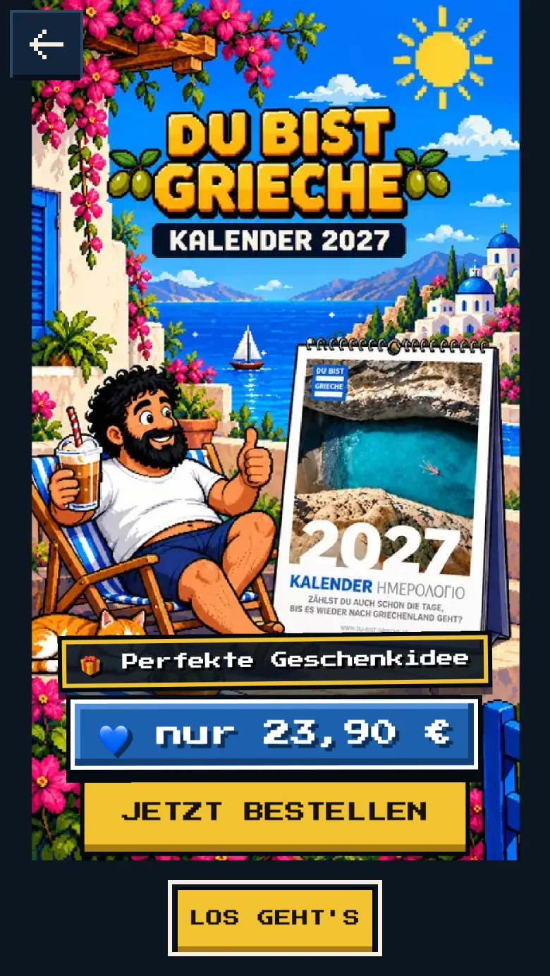 Startbildschirm vor dem ersten Level von Petros fliegt heim mit dem DU BIST GRIECHE Kalender 2027, dem Hinweis Perfekte Geschenkidee und dem Preis von 23,90 Euro