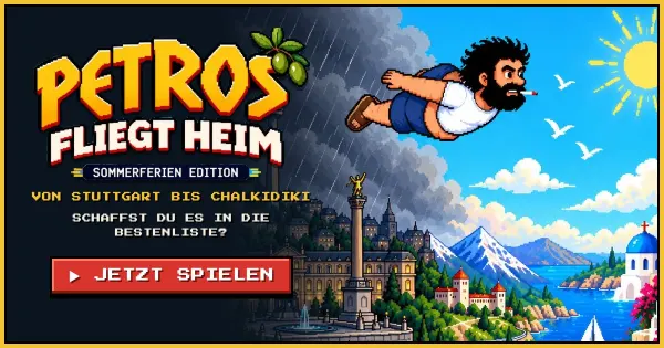 Pixelbild: Petros fliegt über Stuttgart Richtung Griechenland. Daneben stehen das Logo von Petros fliegt heim und ein Knopf mit Jetzt spielen.