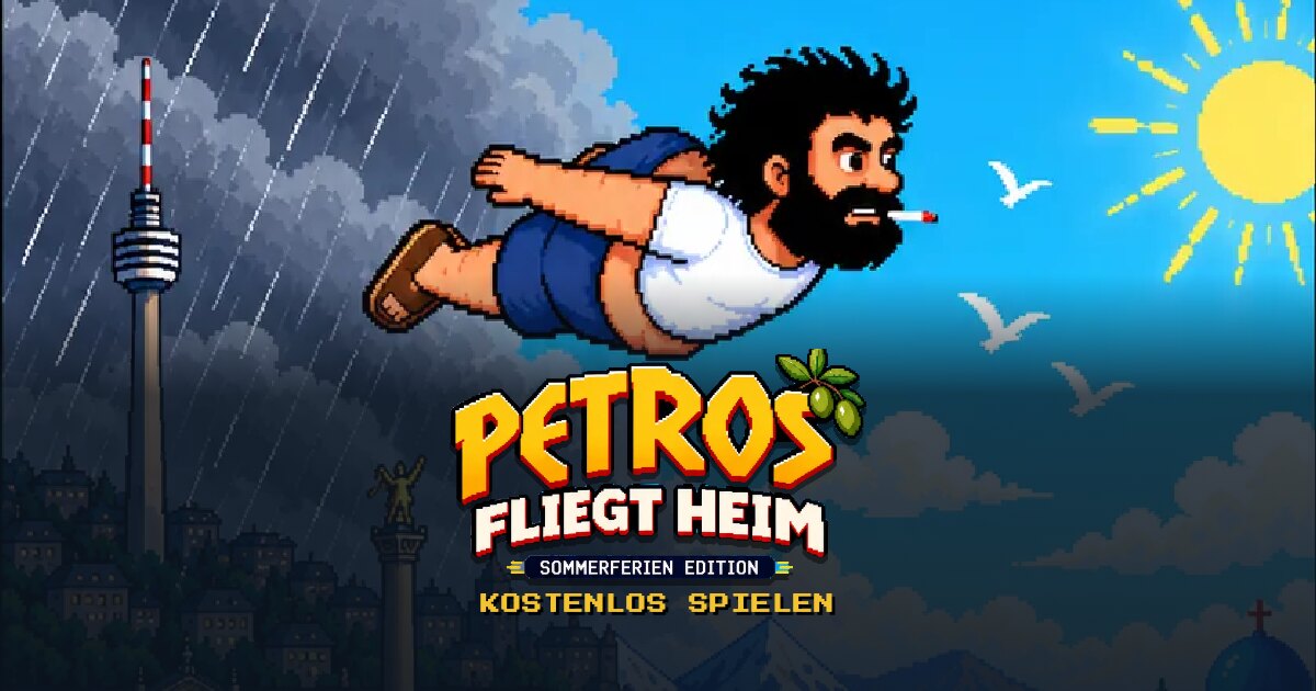 Petros fliegt heim: Petros fliegt im Pixelstil über das verregnete Stuttgart, darunter das Spiellogo und der Schriftzug Kostenlos spielen