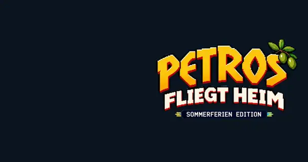 Pixelspiel Petros fliegt heim: Petros fliegt an Ortsschildern und Säulen vorbei, rechts das Logo